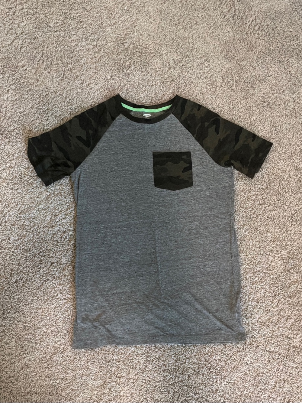 Old Navy Boys Gray Tee with Camo Sleeves and Pocket